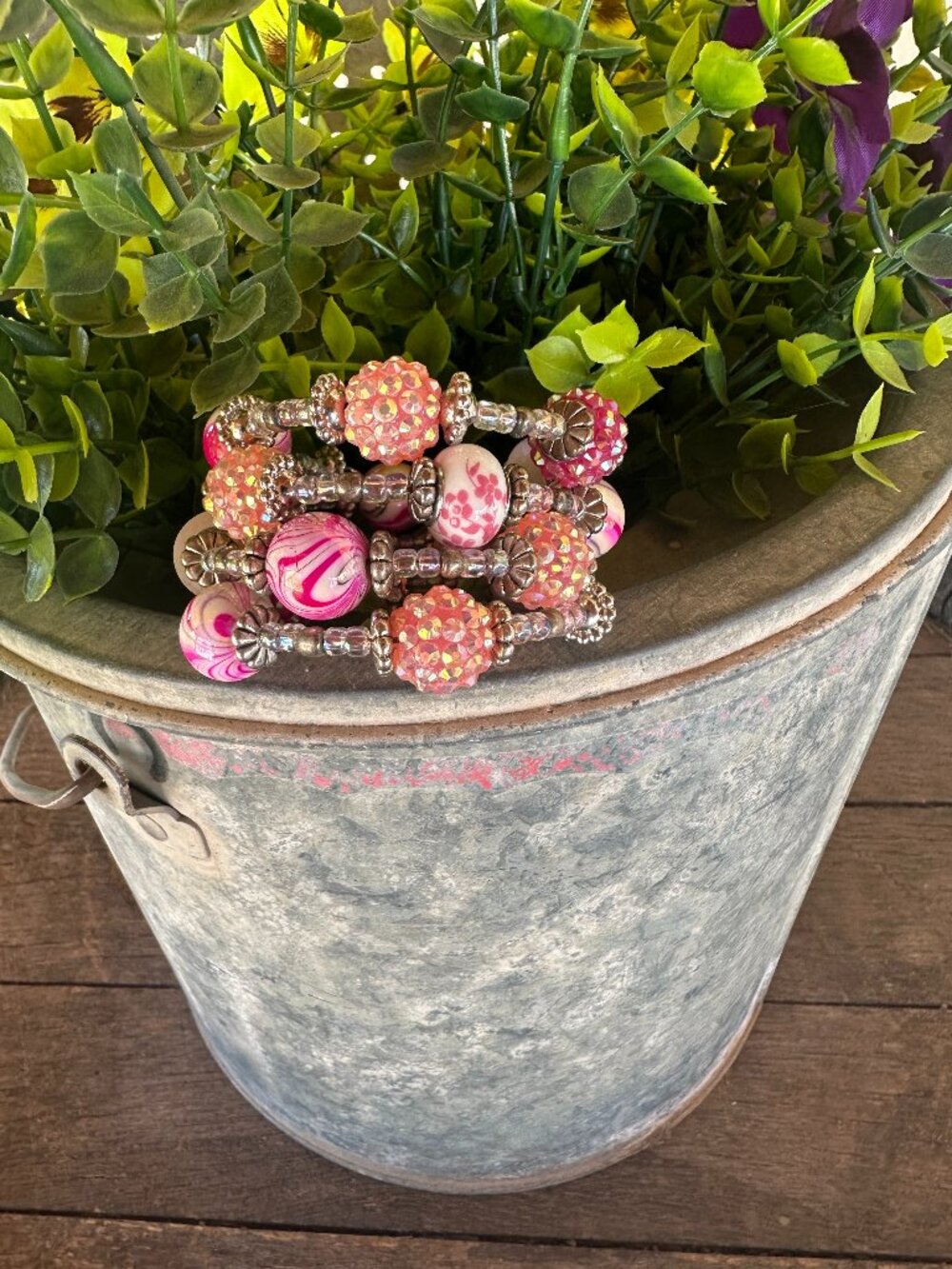 Beaded Memory Wire Sparkly Pink Bracelet. This bracelet will fit almost anyone.